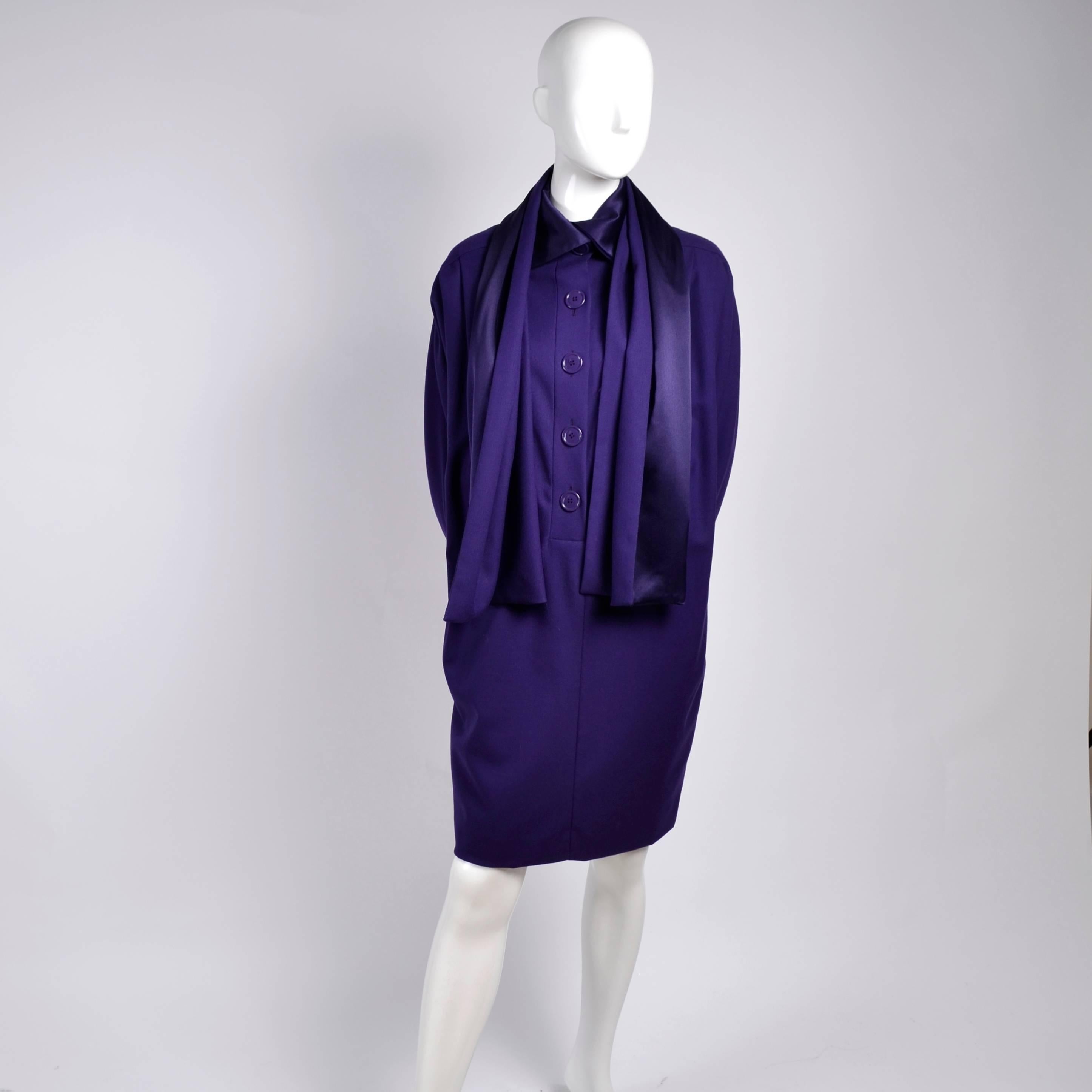 Women's Ferre Italy Purple Wool 1990s Vintage Dress with Scarf M/L
