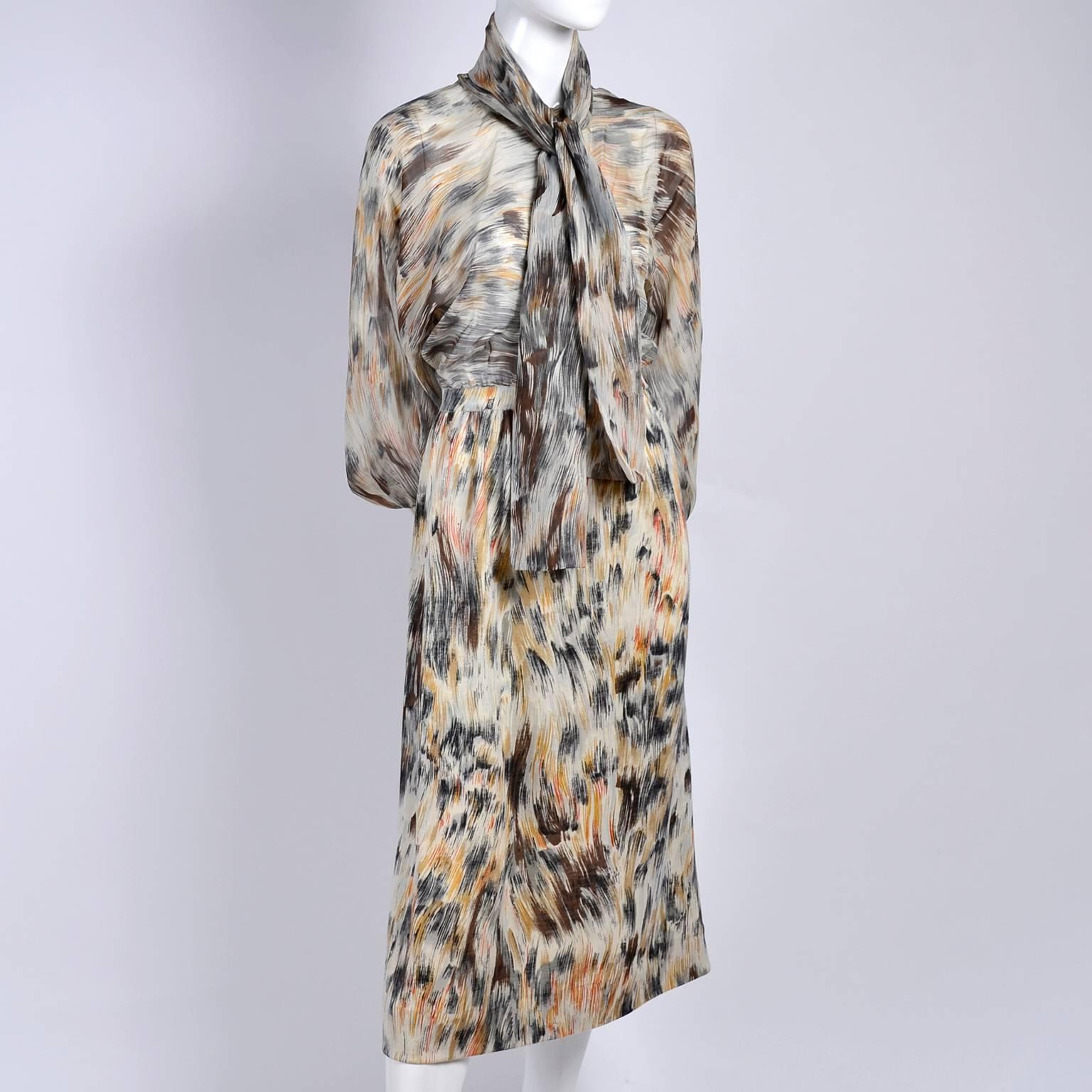 1970s Goldworm Vintage Dress Silk & Wool in Grey Copper & Brown Abstract Print In Excellent Condition In Portland, OR