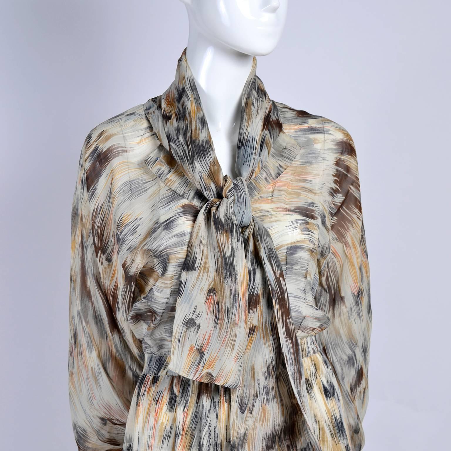 Gray 1970s Goldworm Vintage Dress Silk & Wool in Grey Copper & Brown Abstract Print