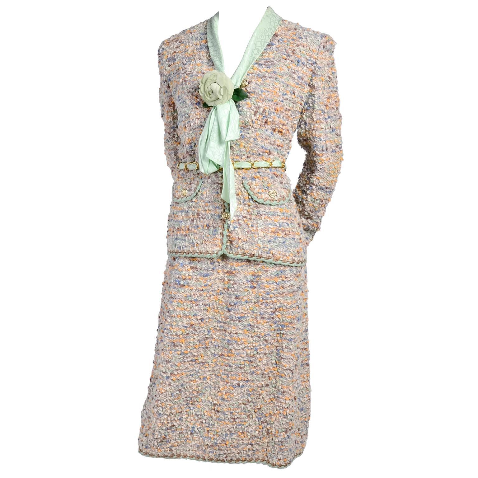 1970s Adolfo Suit in Wool Boucle W/ Skirt & Jacket & Green Silk Blouse & Belt