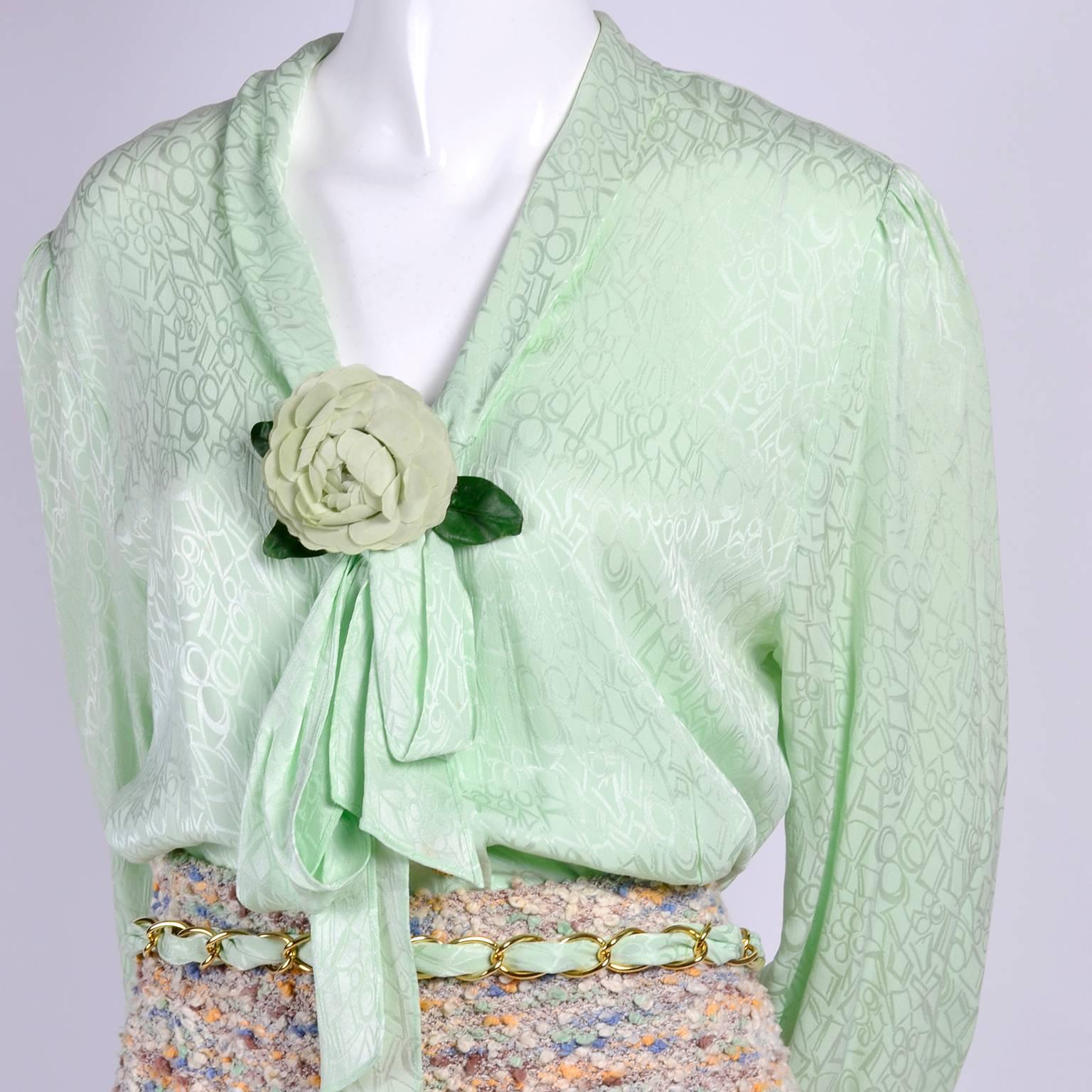 Women's 1970s Adolfo Suit in Wool Boucle W/ Skirt & Jacket & Green Silk Blouse & Belt
