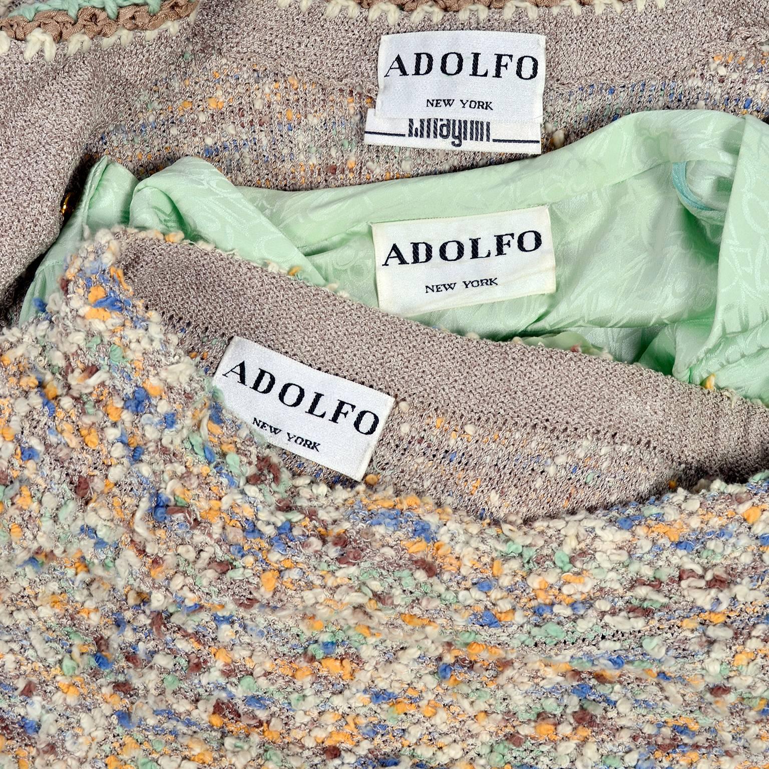 1970s Adolfo Suit in Wool Boucle W/ Skirt & Jacket & Green Silk Blouse & Belt 2