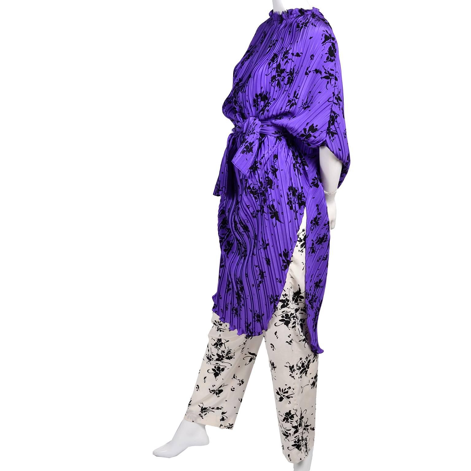 1970s Adolfo Purple Silk Caftan & Scarf w/ Contrasting Black & White Pants 1