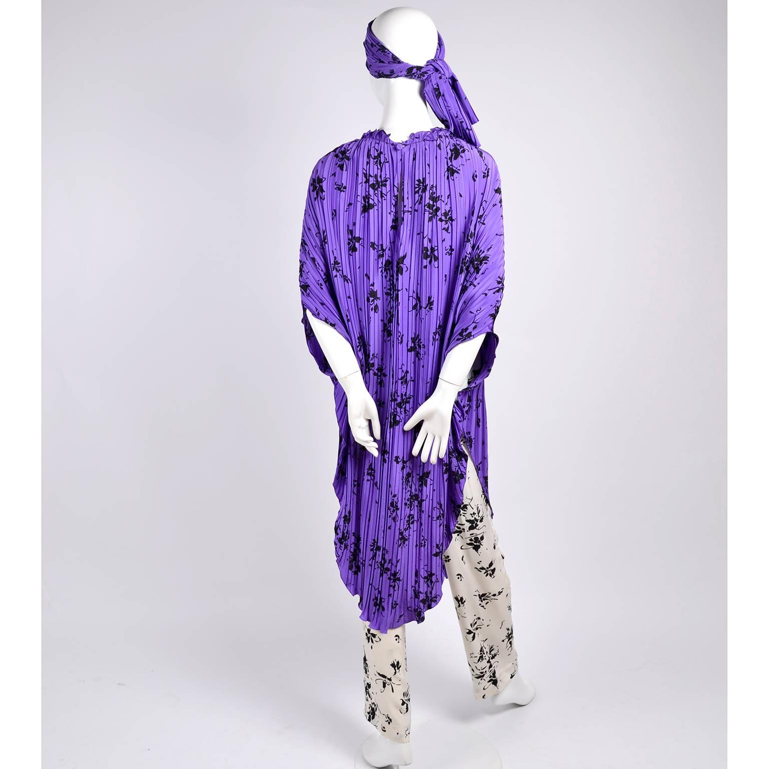 1970s Adolfo Purple Silk Caftan & Scarf w/ Contrasting Black & White Pants 3