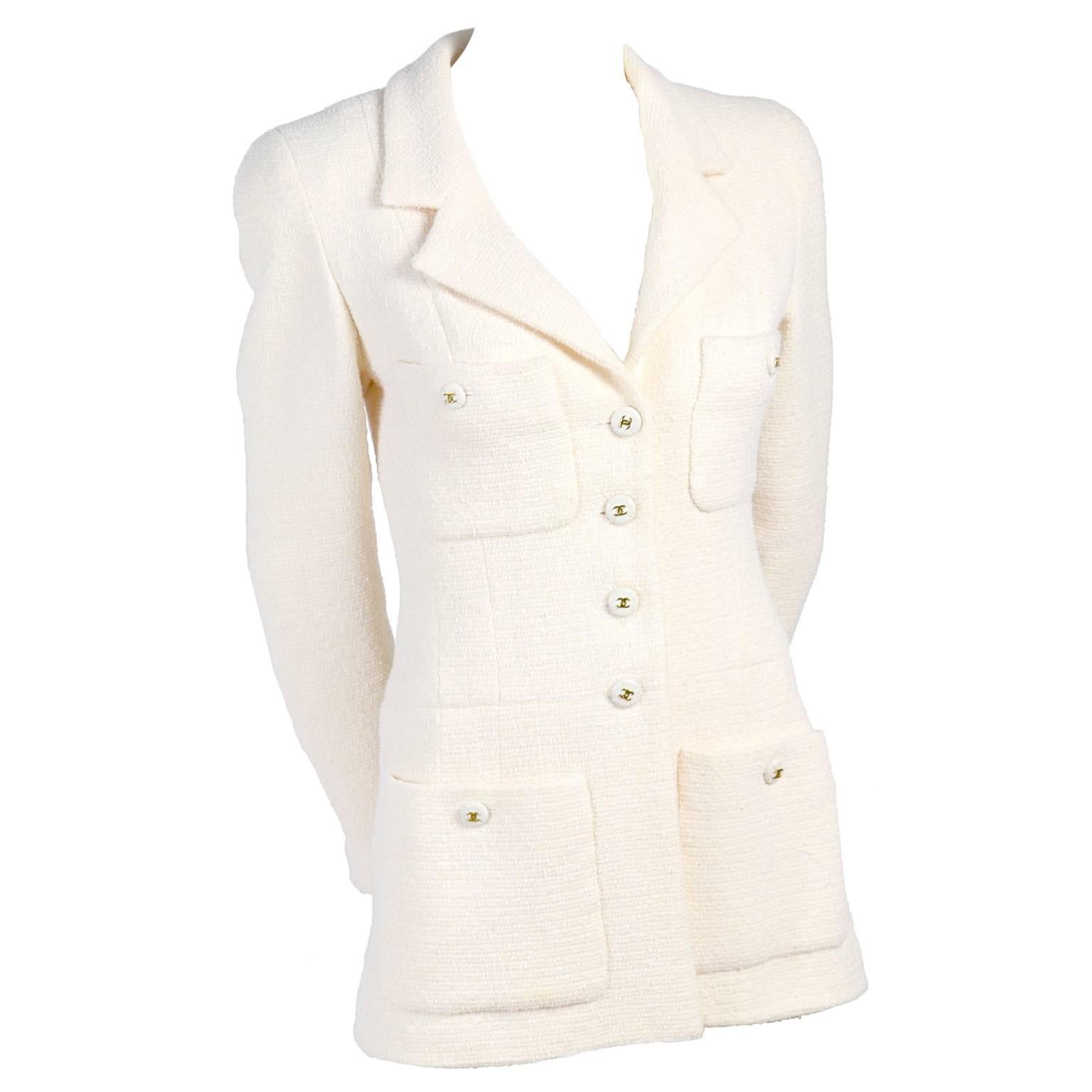 Chanel Creamy Ivory Tweed Wool Blazer Jacket with Logo Buttons and Silk Lining