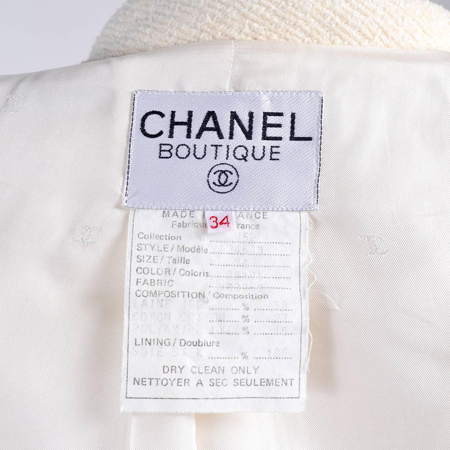 Women's Chanel Creamy Ivory Tweed Wool Blazer Jacket with Logo Buttons and Silk Lining