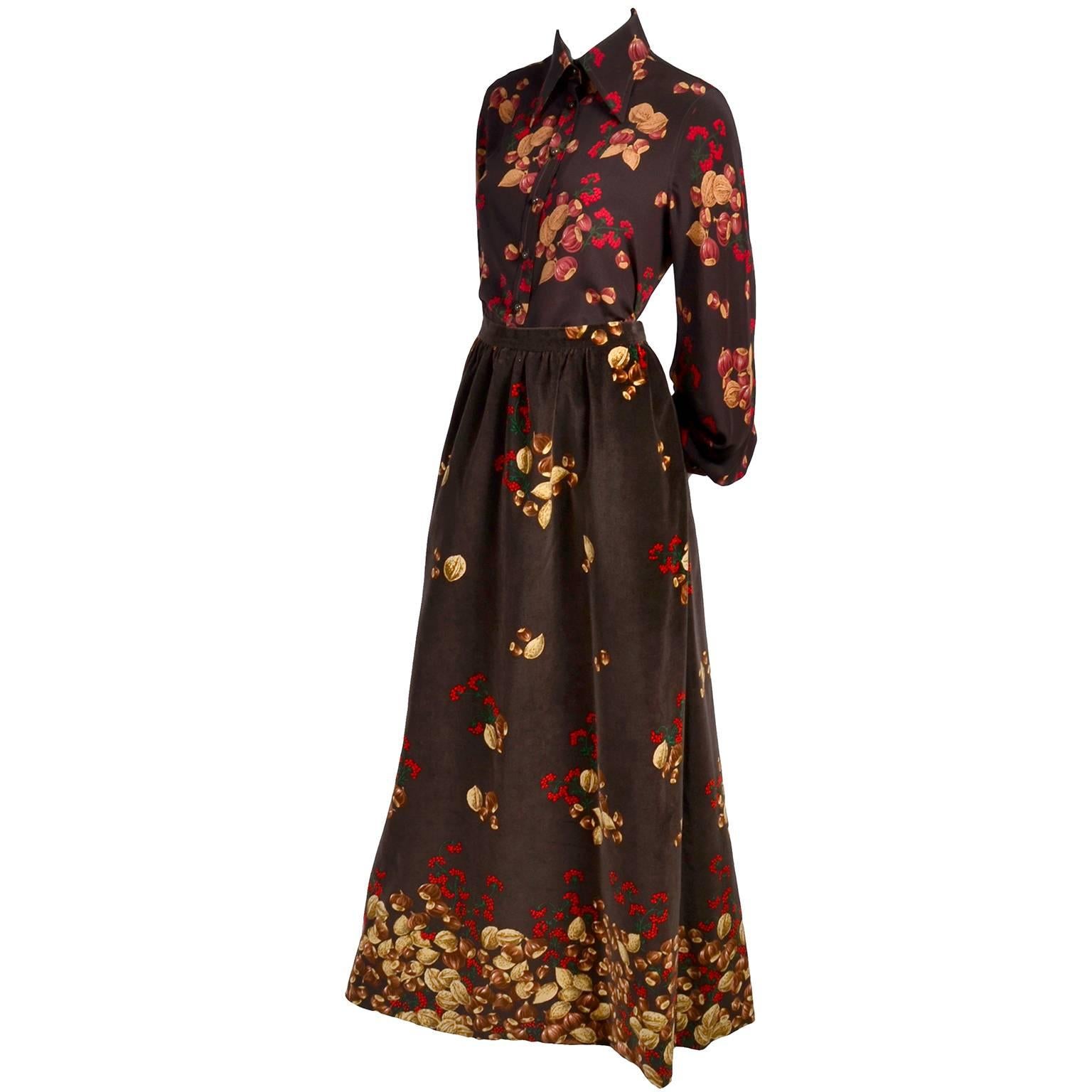 Black 1970s Valentino Silk Blouse & Velvet Skirt Outfit in Brown Acorn Berries Print