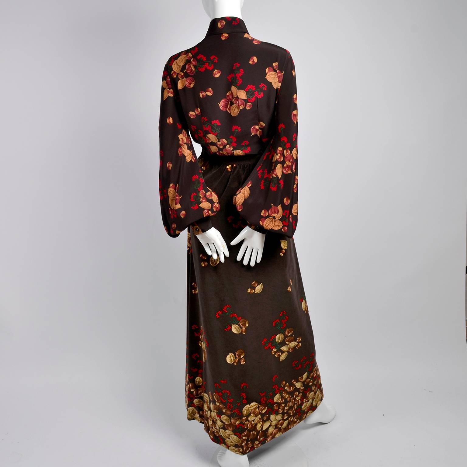 1970s Valentino Silk Blouse & Velvet Skirt Outfit in Brown Acorn Berries Print 1