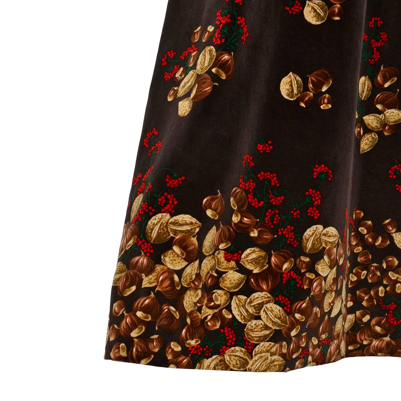1970s Valentino Silk Blouse & Velvet Skirt Outfit in Brown Acorn Berries Print In Excellent Condition In Portland, OR
