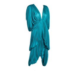 Rare 1970s Norma Kamali OMO Retro Butterfly Dress in Draped Teal Blue 