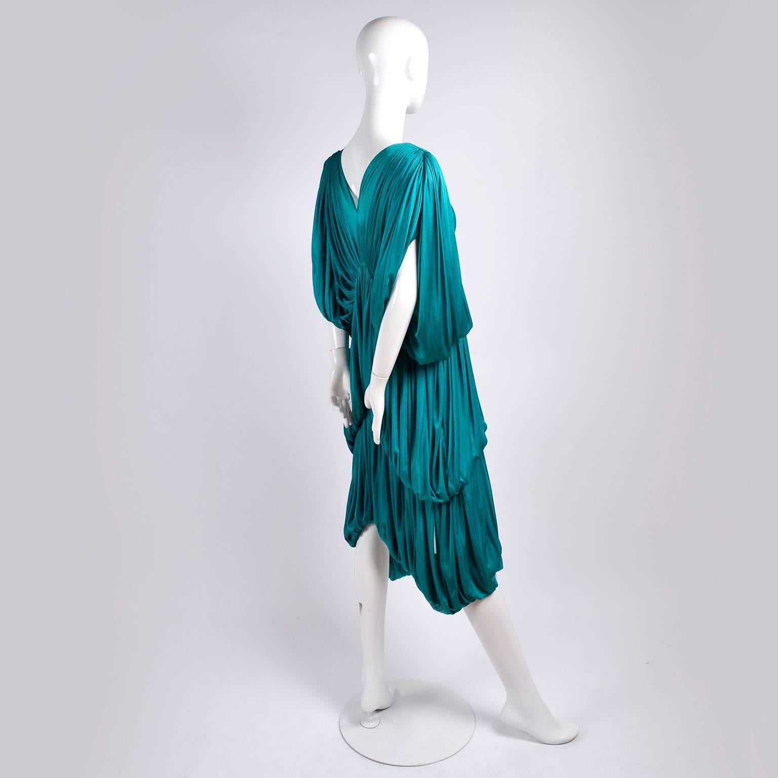 Women's Rare 1970s Norma Kamali OMO Vintage Butterfly Dress in Draped Teal Blue 