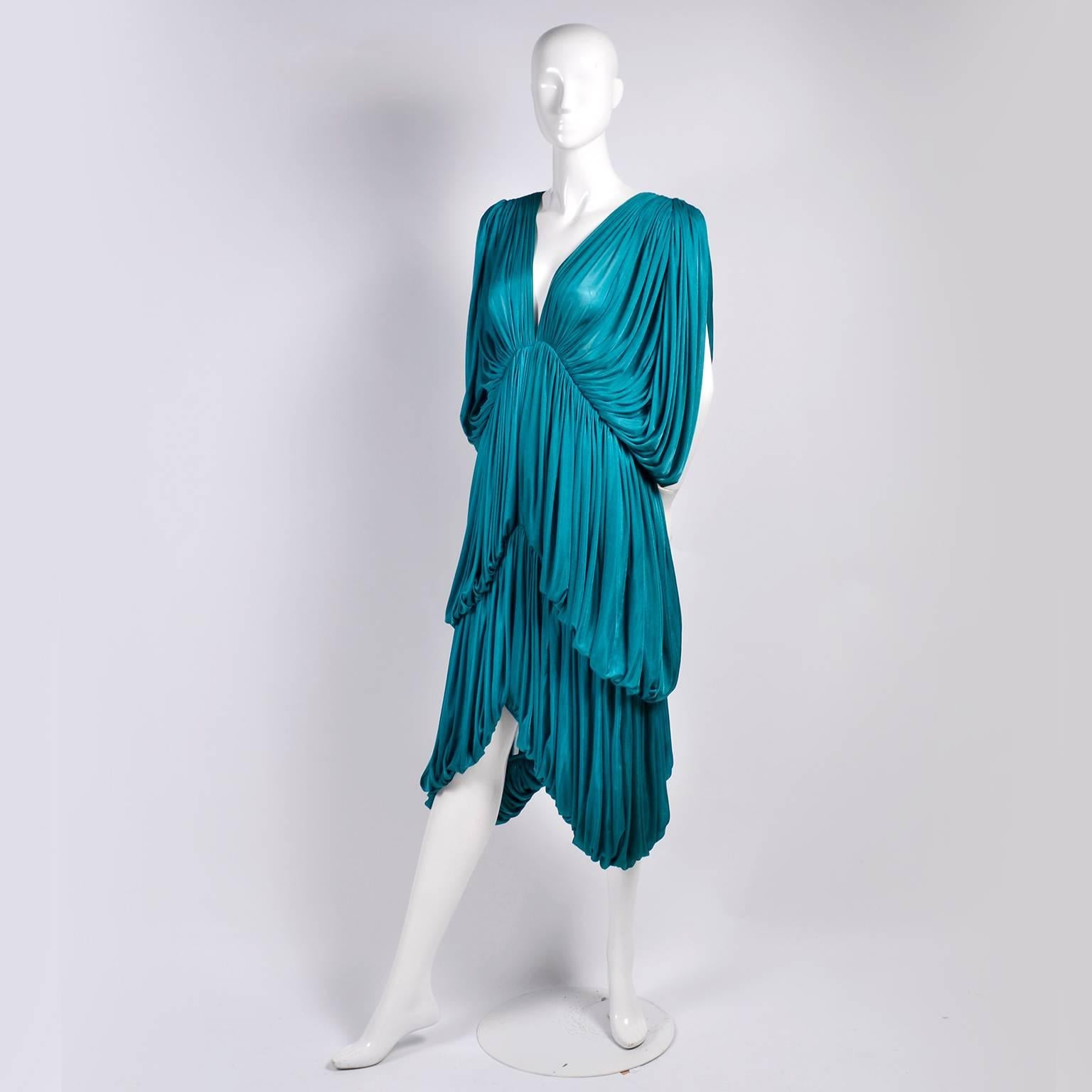 Rare 1970s Norma Kamali OMO Vintage Butterfly Dress in Draped Teal Blue In Excellent Condition In Portland, OR