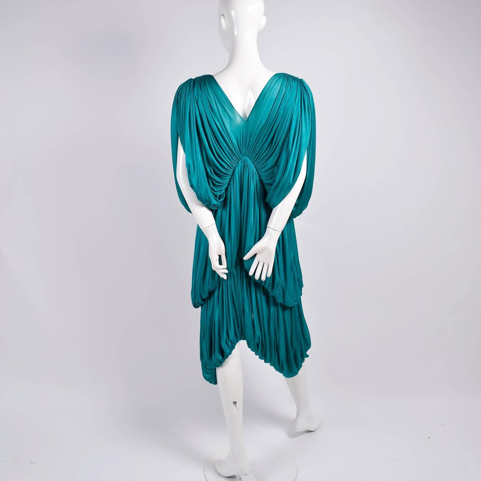 Rare 1970s Norma Kamali OMO Vintage Butterfly Dress in Draped Teal Blue  1