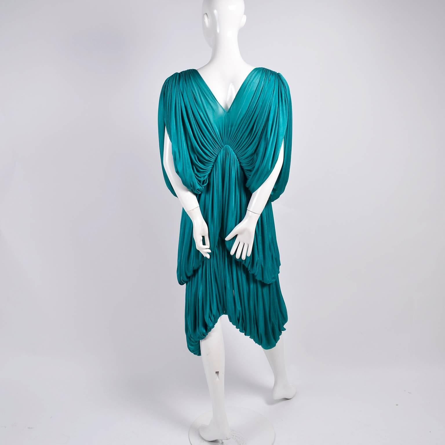Rare 1970s Norma Kamali OMO Vintage Butterfly Dress in Draped Teal Blue 1