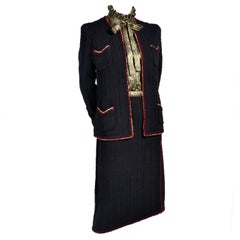 Antique Adolfo Black Wool Boucle Suit With Red Trim & Gold Lamé Lurex Bow Blouse