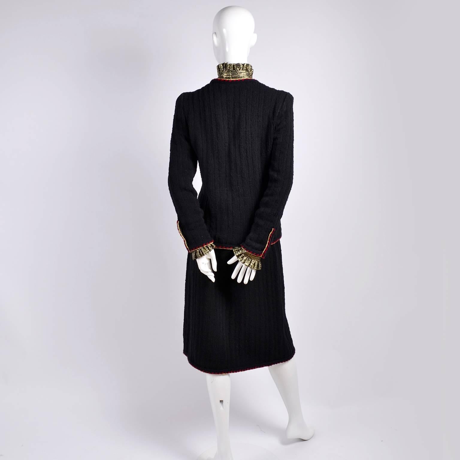 Adolfo Black Wool Boucle Suit With Red Trim & Gold Lamé Lurex Bow Blouse 1