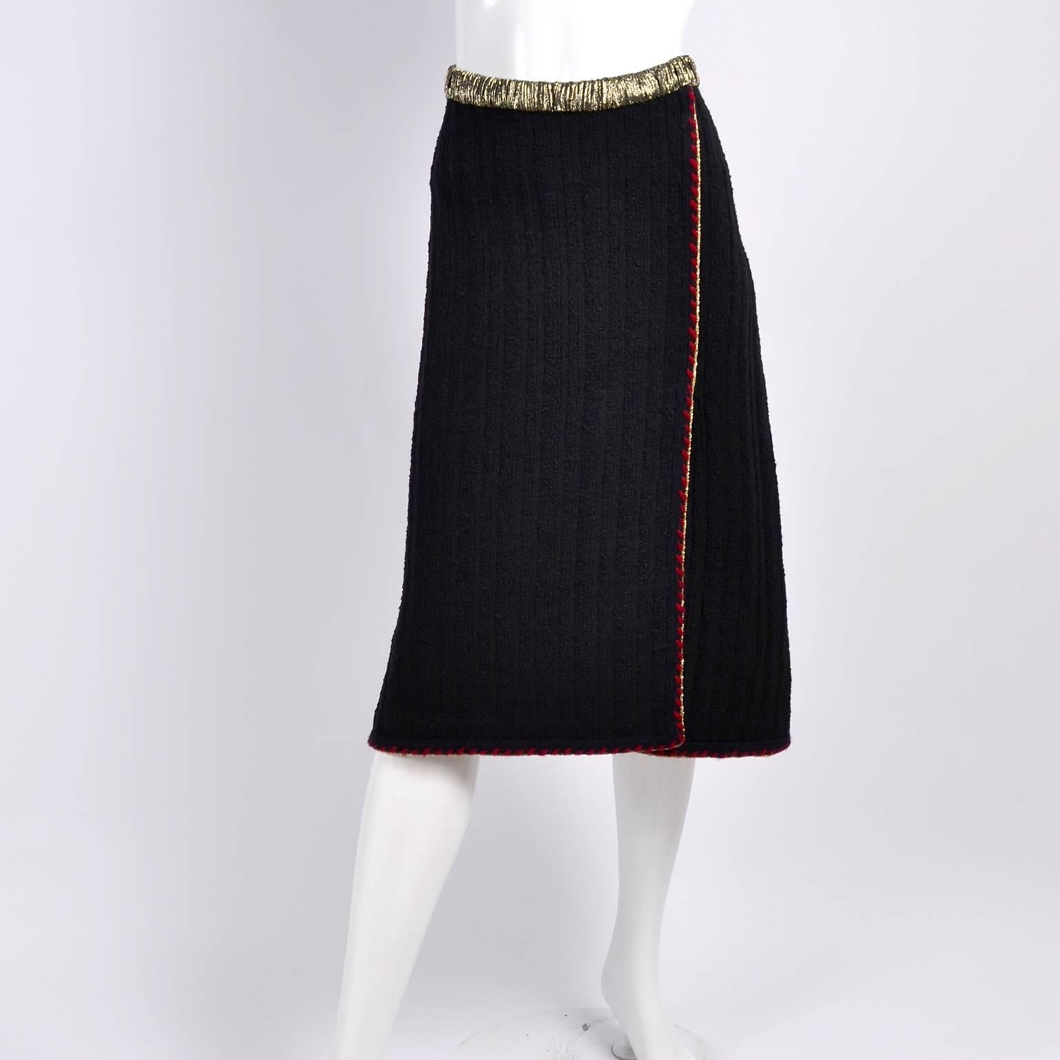 Adolfo Black Wool Boucle Suit With Red Trim & Gold Lamé Lurex Bow Blouse 2