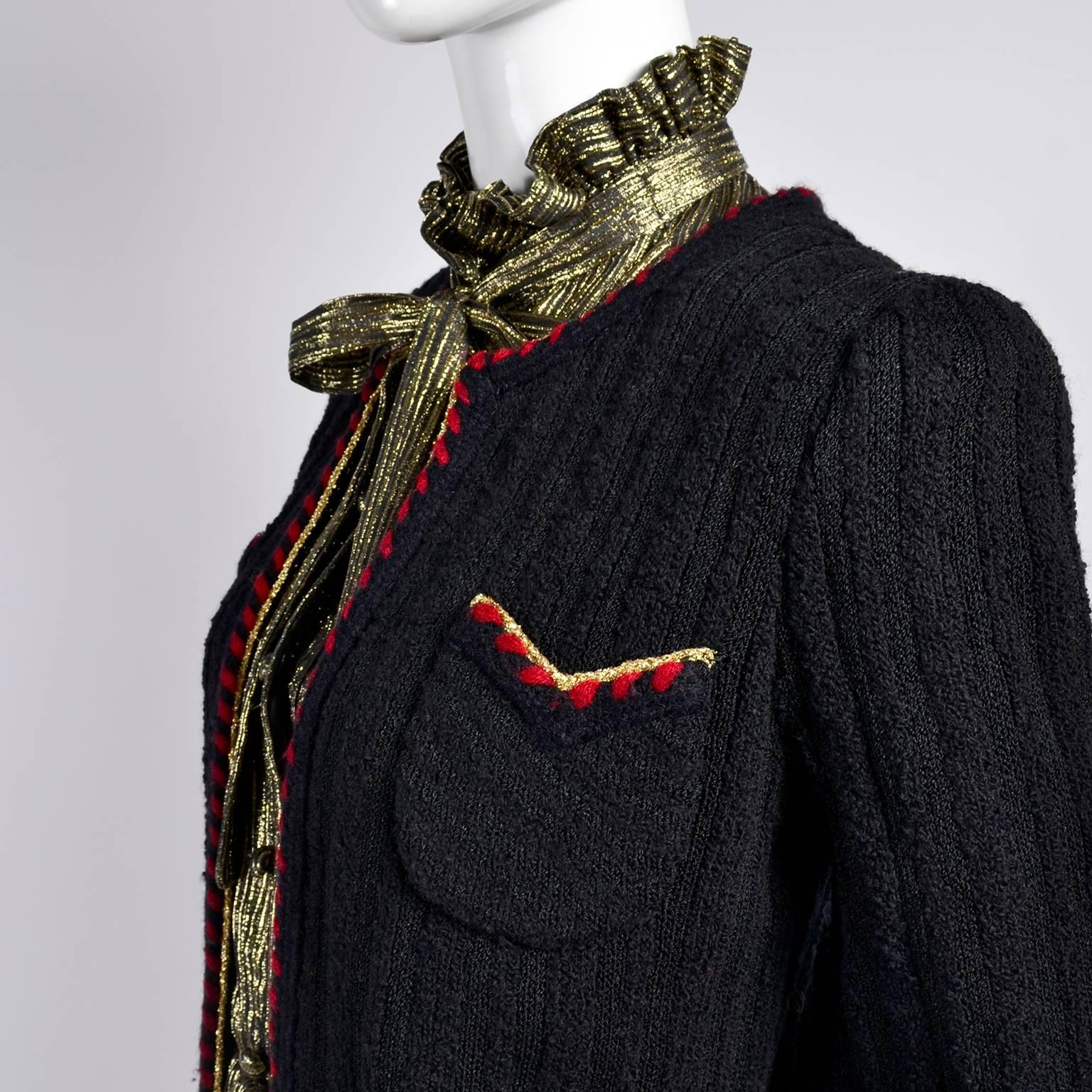 Adolfo Black Wool Boucle Suit With Red Trim & Gold Lamé Lurex Bow Blouse In Excellent Condition In Portland, OR