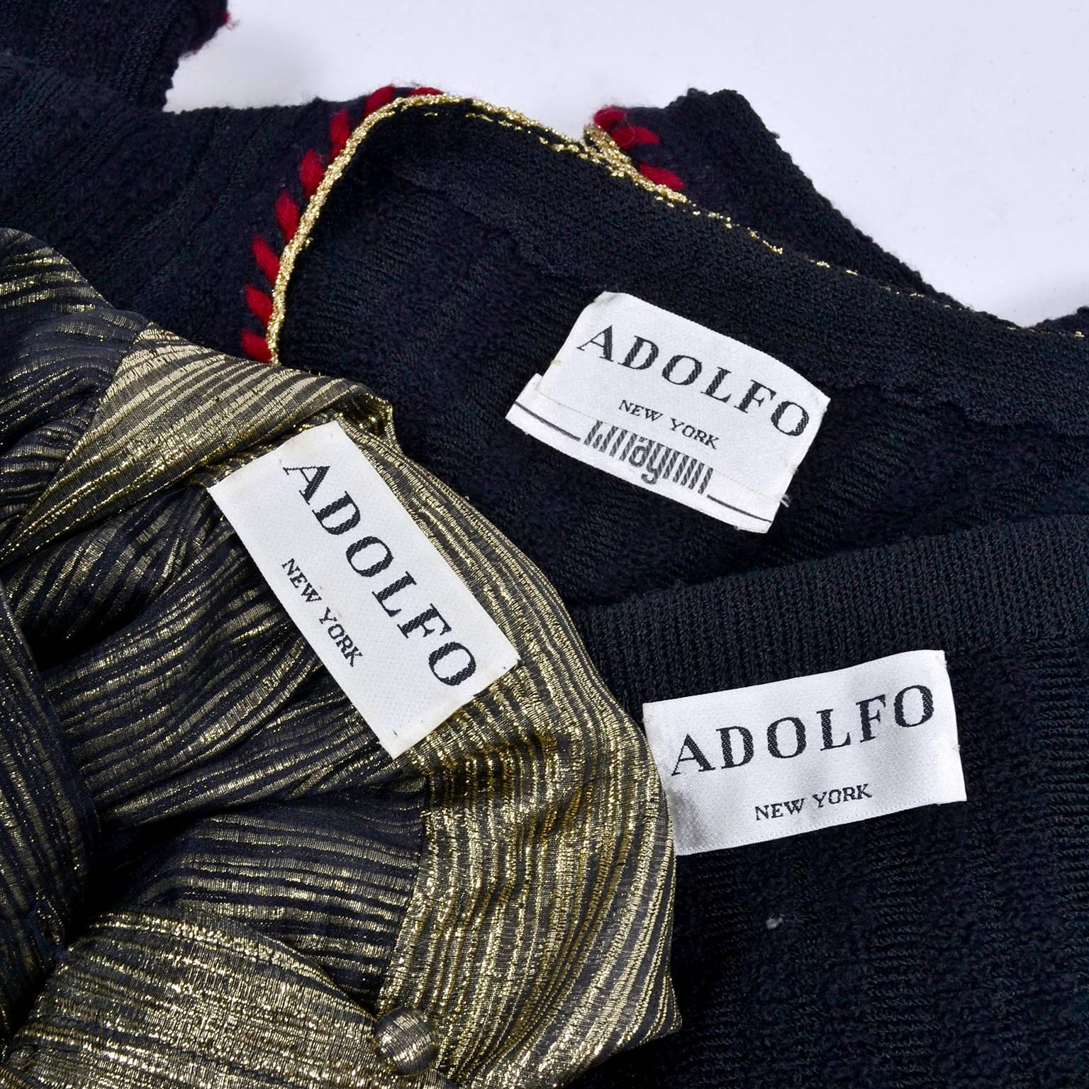 Adolfo Black Wool Boucle Suit With Red Trim & Gold Lamé Lurex Bow Blouse 3