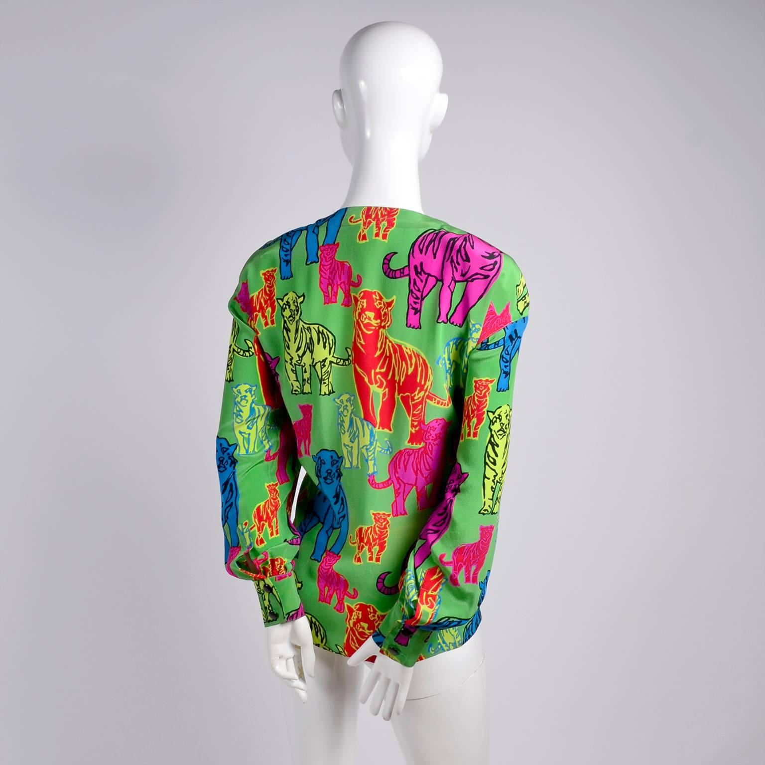 Escada Silk Blouse in Yellow Pink Blue Red & Green Pop Art Tiger Bold Print 1