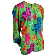 Retro Escada Silk Blouse in Yellow Pink Blue Red & Green Pop Art Tiger Bold Print