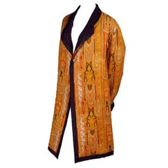 Vintage Smoking Jacket Coat  in Gold Moroccan Style Print With Purple Lining