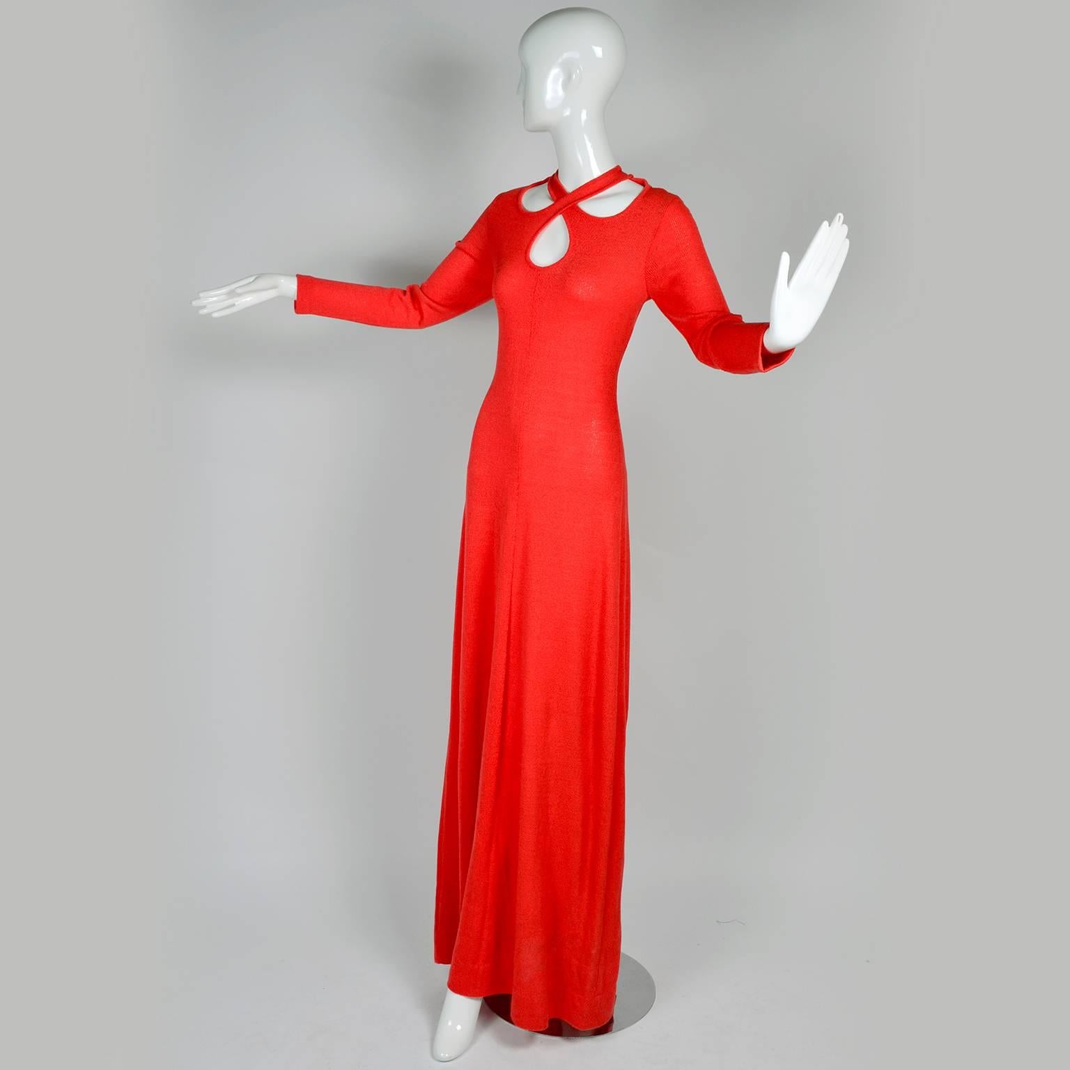 Women's 1970s Orange Red Knit Dress With Keyhole Openings Made in Italy