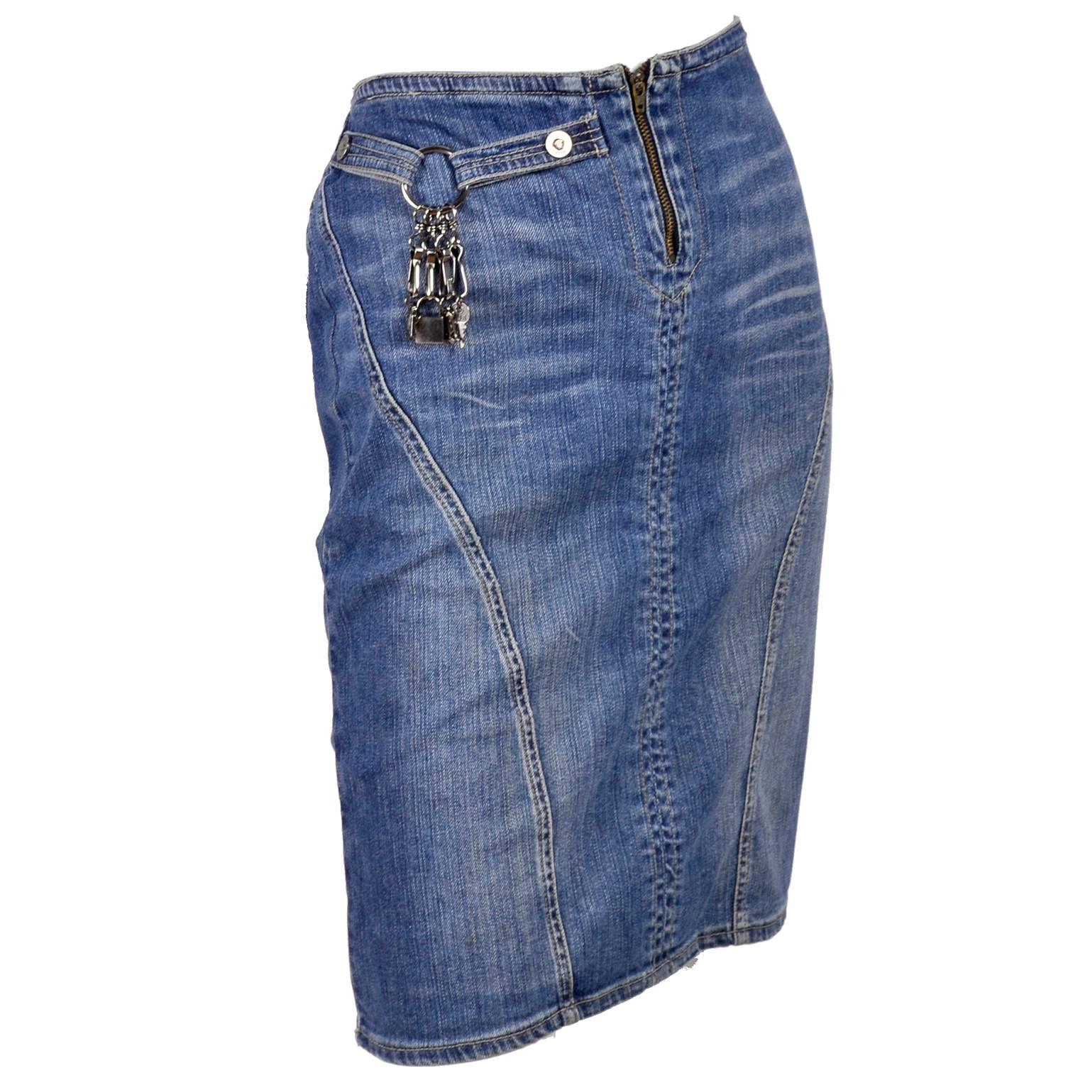 Versace Jeans Couture Denim Blue Skirt W Dangling Metal Charms