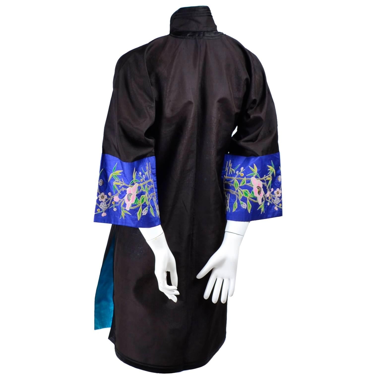 Antique Chinese Silk Robe Jacket With Micro Crewel Embroidery & Turquoise Lining