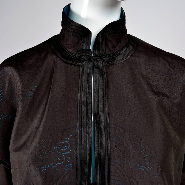 Antique Chinese Silk Robe Jacket With Micro Crewel Embroidery and