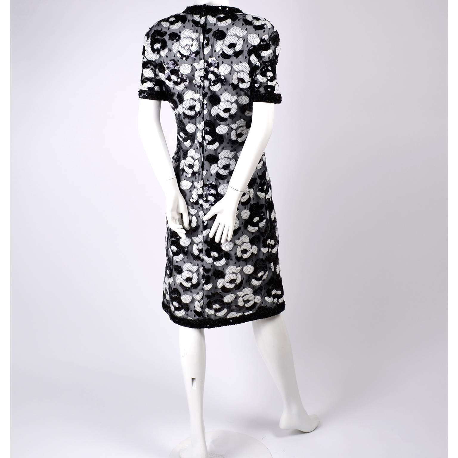 Victor Costa Vintage Dress in Black Mesh Black & White Sequins Over White Satin 1