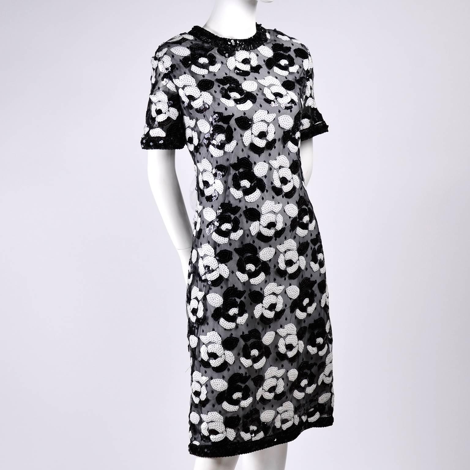 Women's Victor Costa Vintage Dress in Black Mesh Black & White Sequins Over White Satin