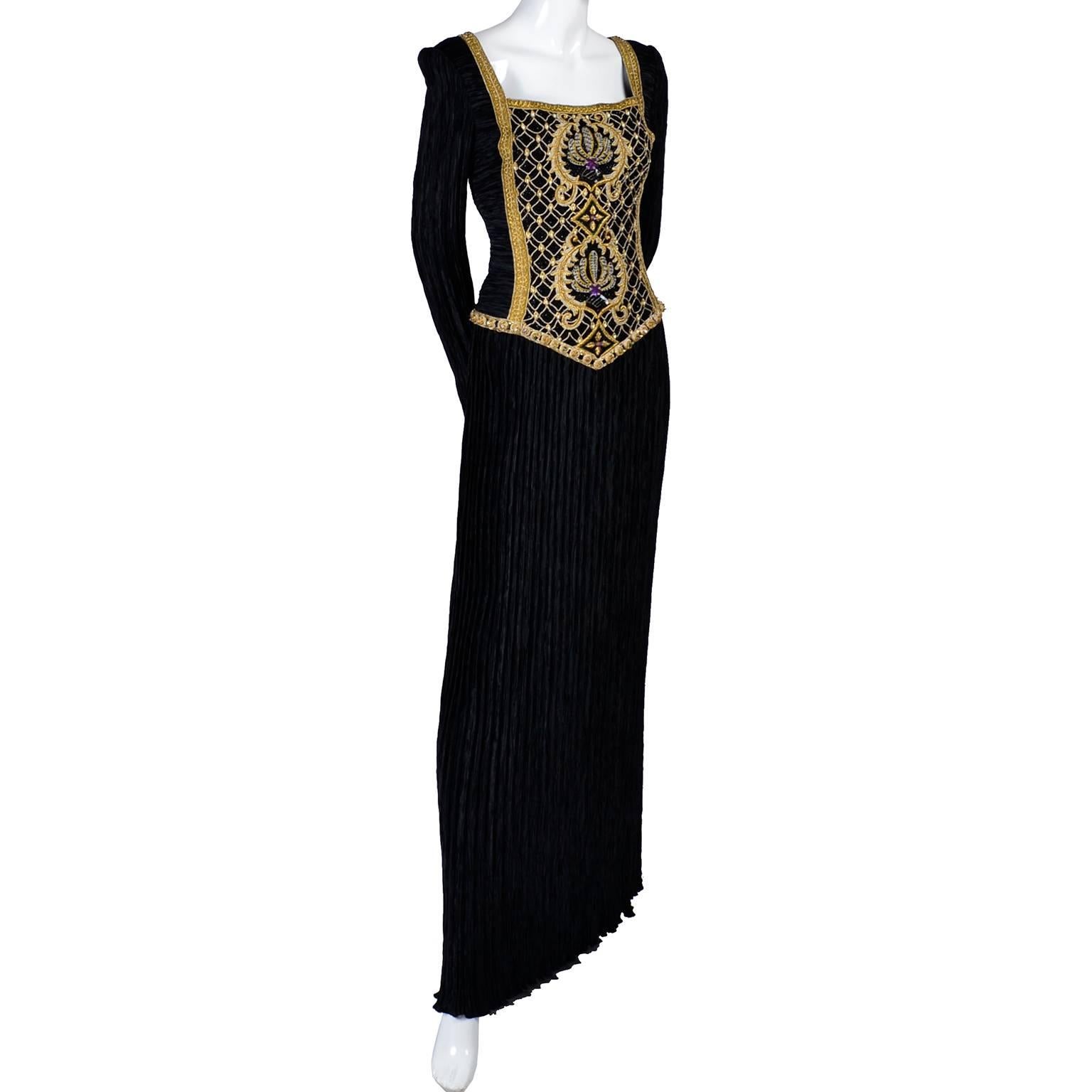 Beaded Mary McFadden Couture Black Dress w Gold Braid Sequins & Rhinestones In Good Condition In Portland, OR