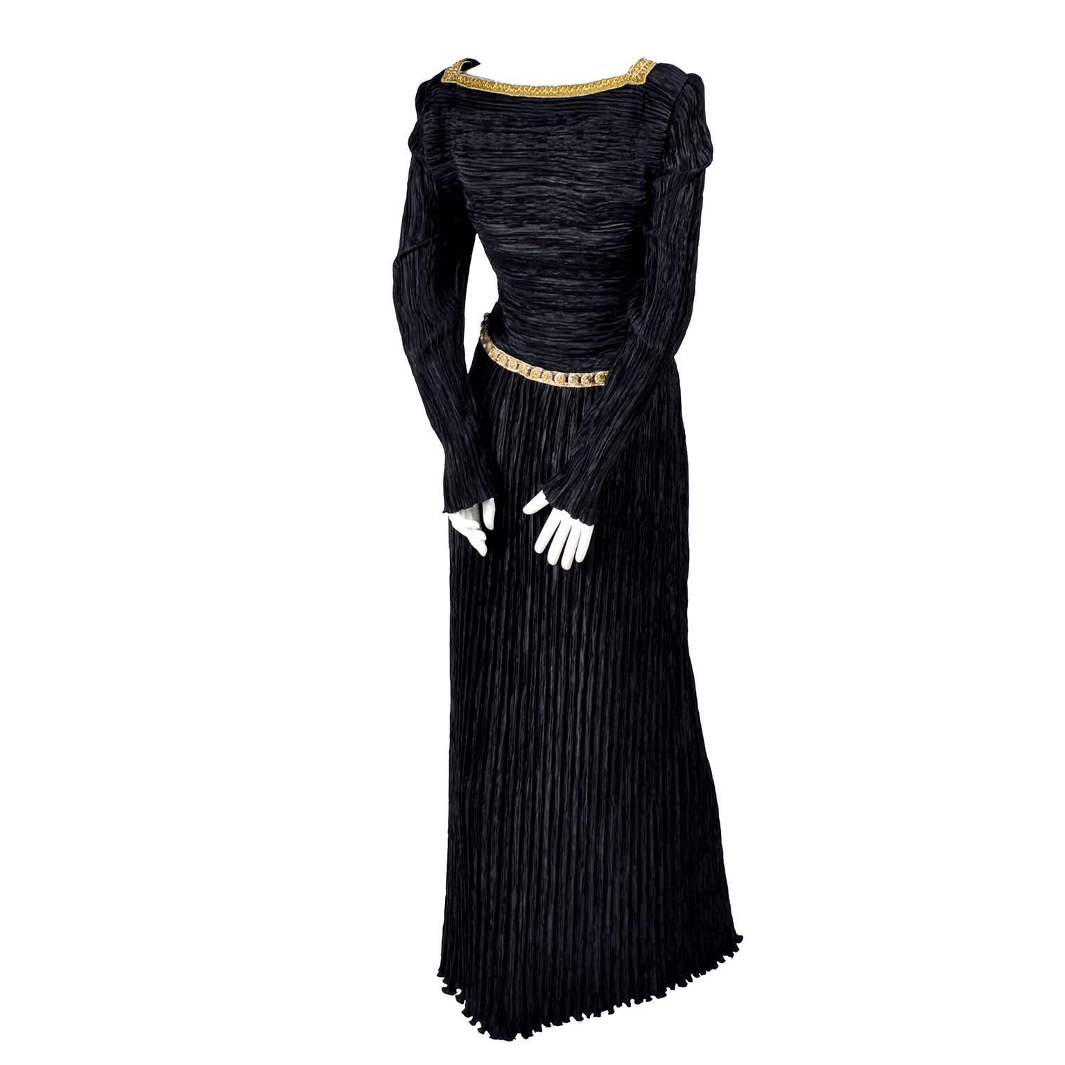 Beaded Mary McFadden Couture Black Dress w Gold Braid Sequins & Rhinestones 1