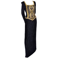 Vintage Beaded Mary McFadden Couture Black Dress w Gold Braid Sequins & Rhinestones