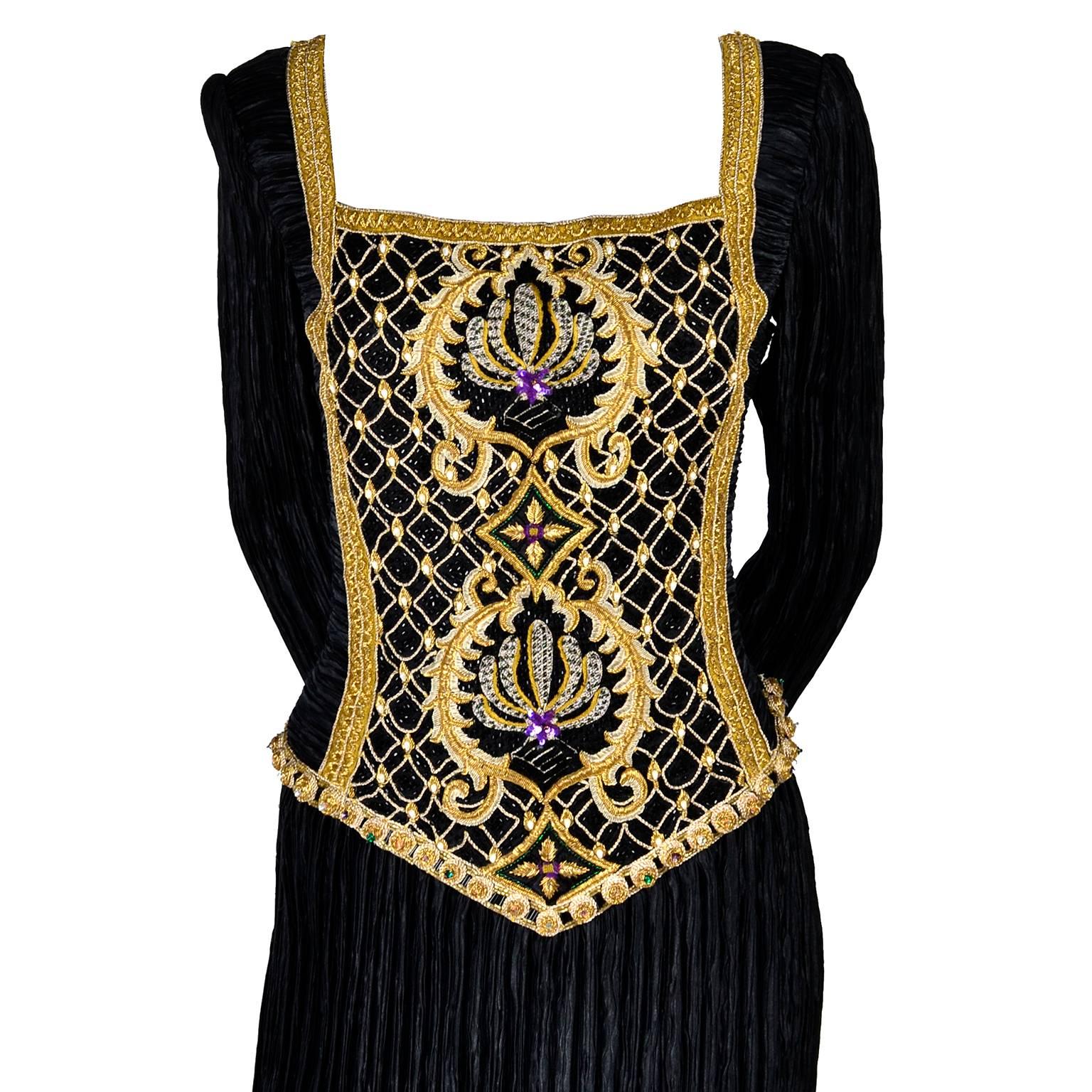 Beaded Mary McFadden Couture Black Dress w Gold Braid Sequins & Rhinestones 3
