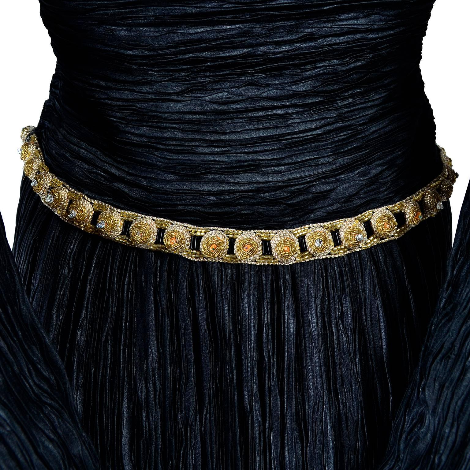 Women's Beaded Mary McFadden Couture Black Dress w Gold Braid Sequins & Rhinestones