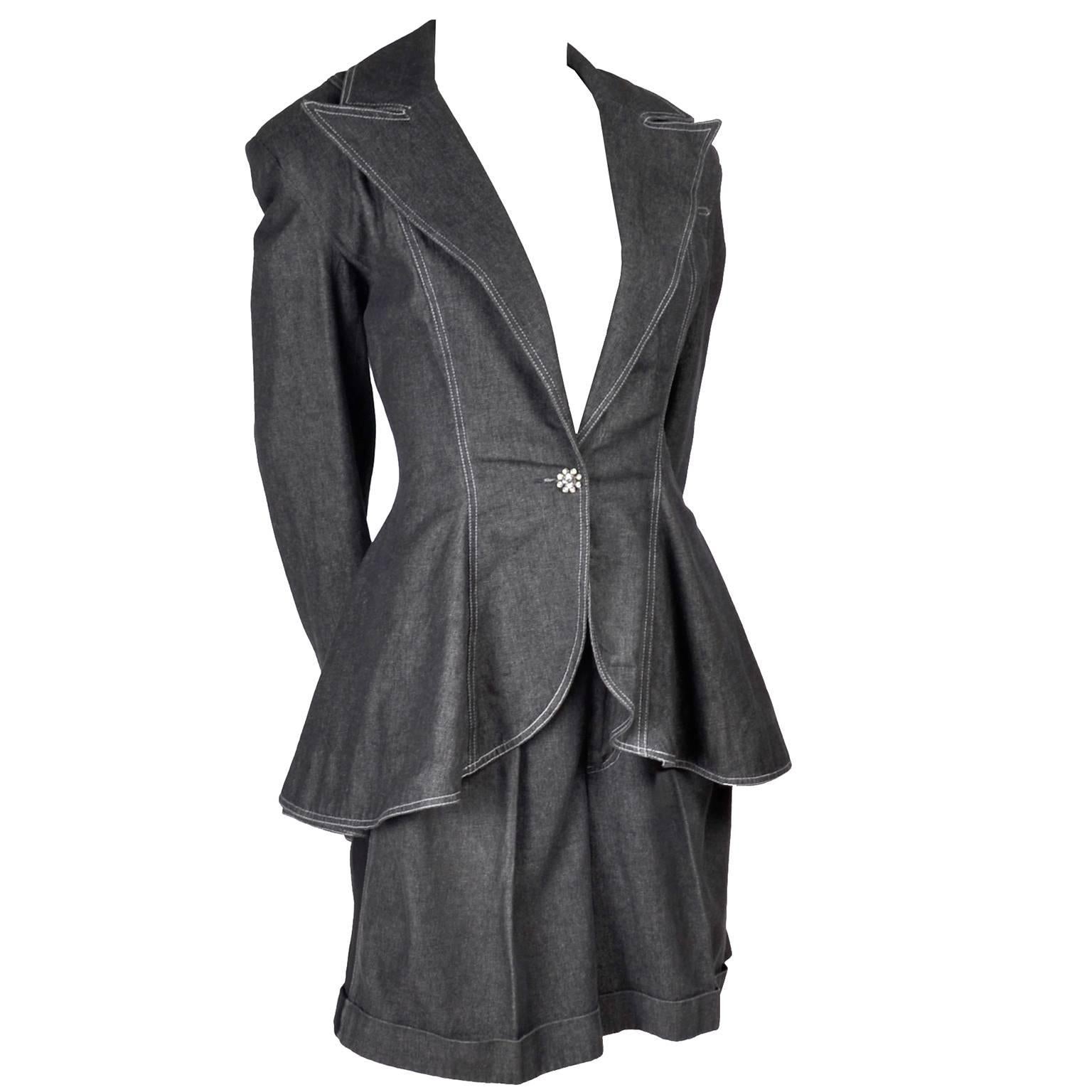 1980s Patrick Kelly Suit in Grayed Black Denim With Shorts & Peplum Jacket 4/6