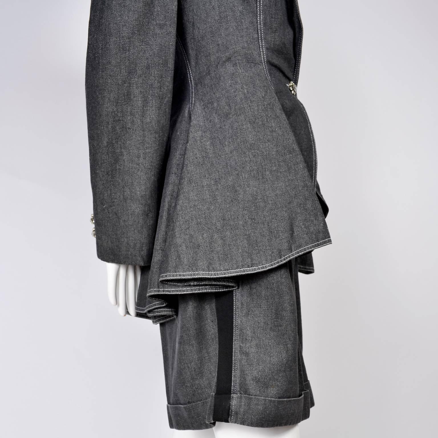 1980s Patrick Kelly Suit in Grayed Black Denim With Shorts & Peplum Jacket 4/6 5