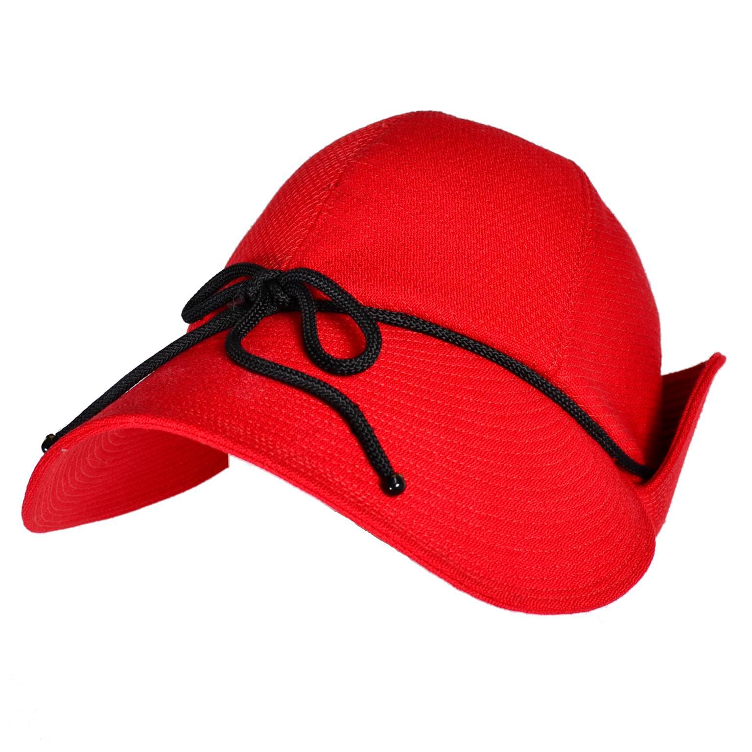 1970s Rare Yves Saint Laurent YSL Hat in Red with Black Trim