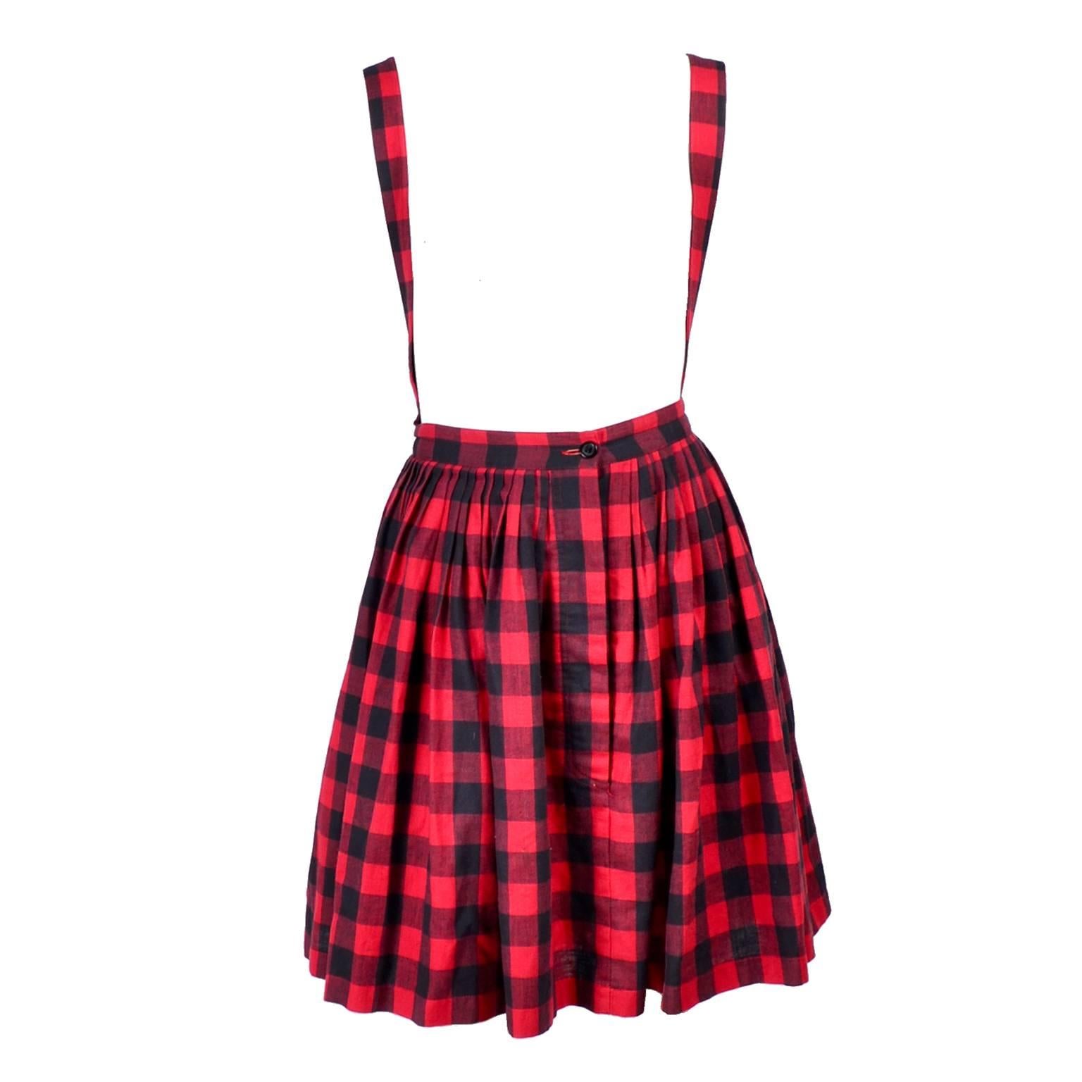 1980s Norma Kamali Vintage Black & Red Plaid Vintage Skirt Jumper w Suspenders For Sale