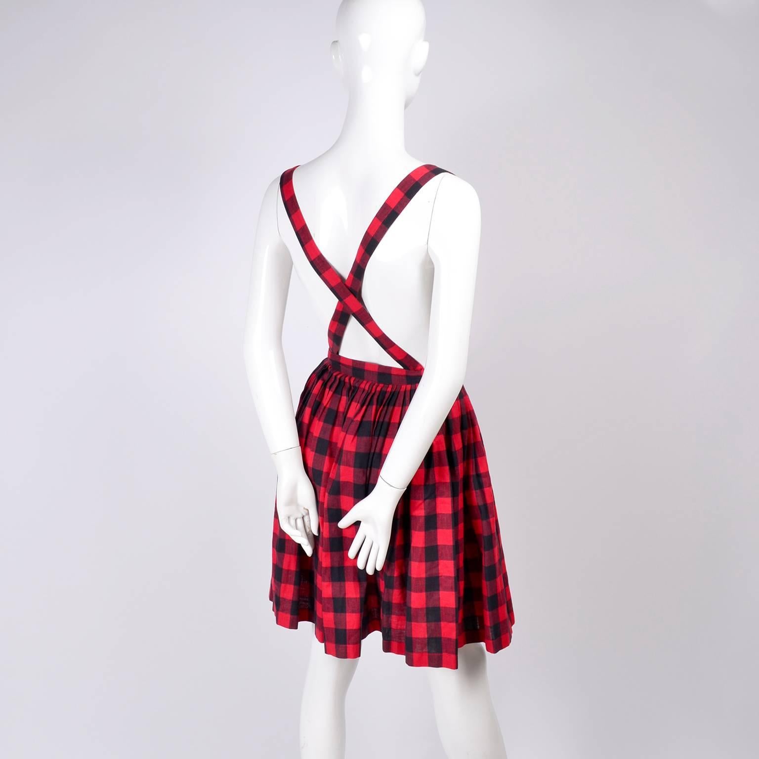 1980s Norma Kamali Vintage Black & Red Plaid Vintage Skirt Jumper w Suspenders For Sale 1