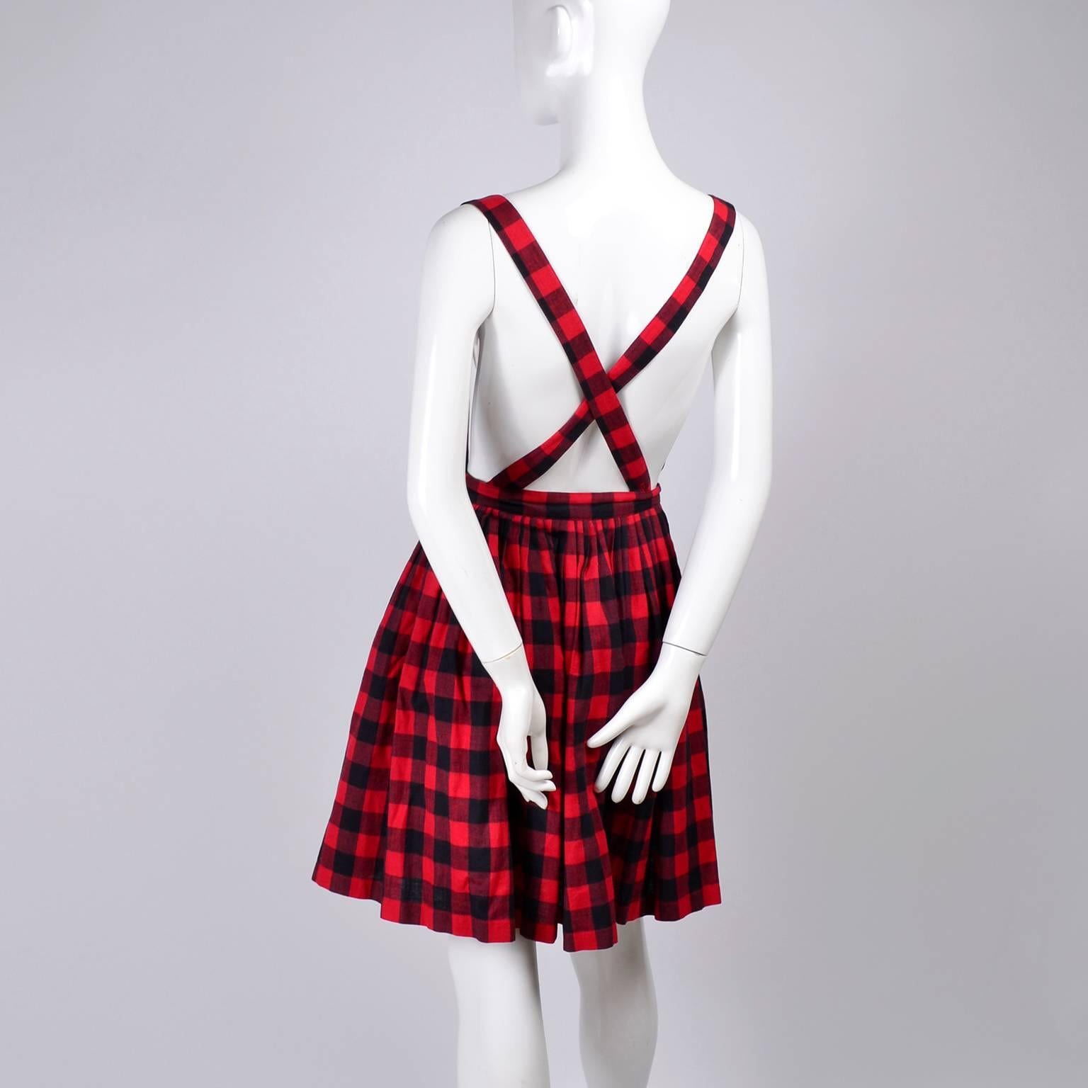 red plaid skirt with suspenders