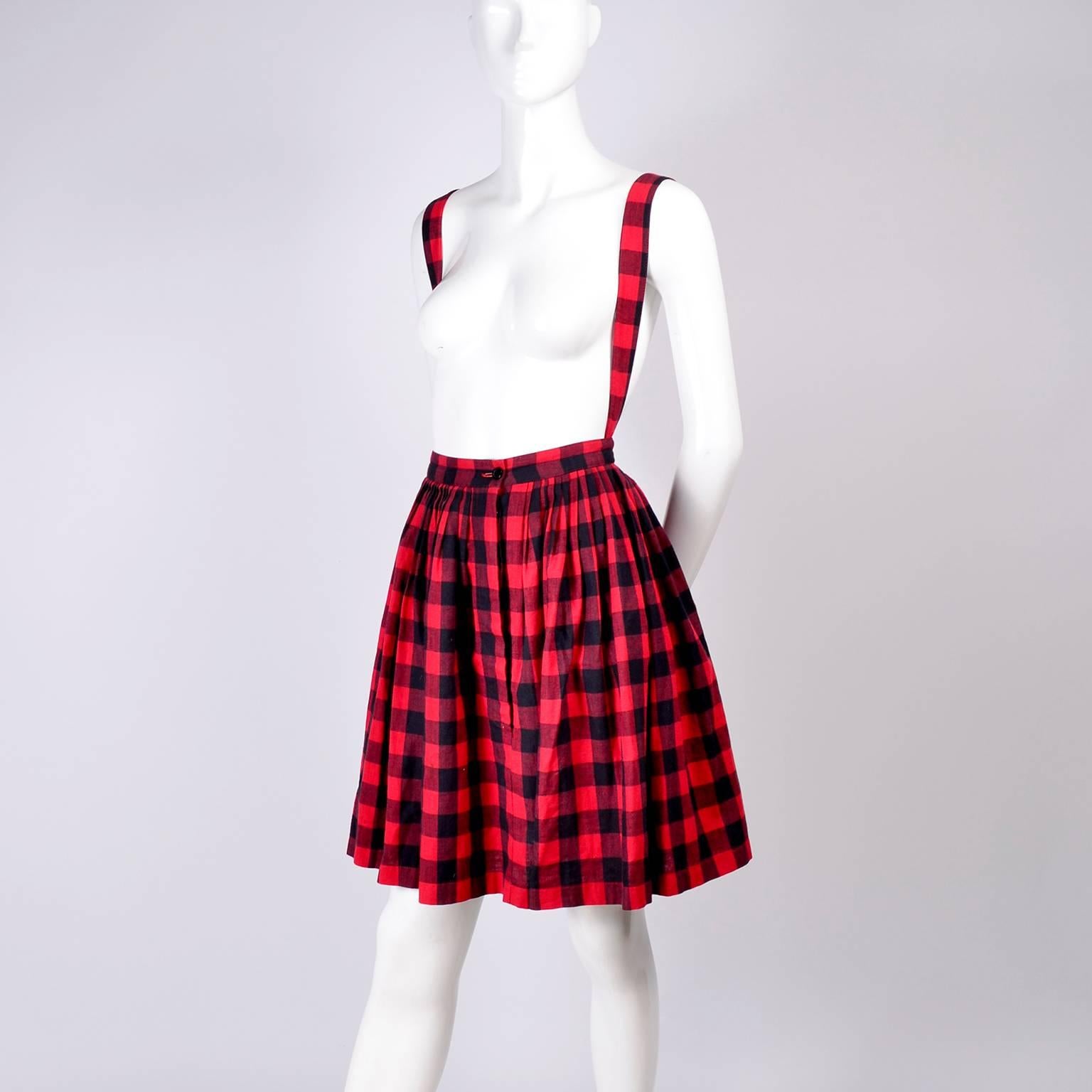 Women's 1980s Norma Kamali Vintage Black & Red Plaid Vintage Skirt Jumper w Suspenders For Sale