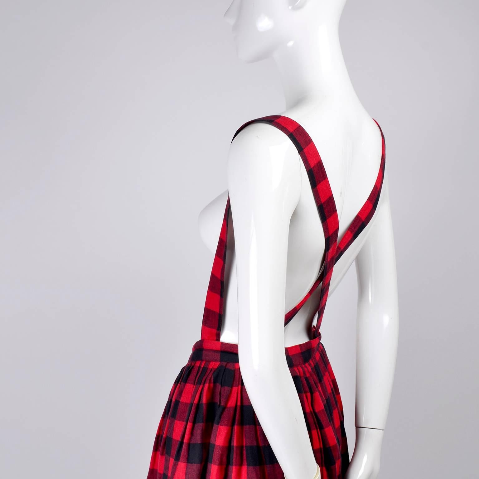 1980s Norma Kamali Vintage Black & Red Plaid Vintage Skirt Jumper w Suspenders In Excellent Condition For Sale In Portland, OR