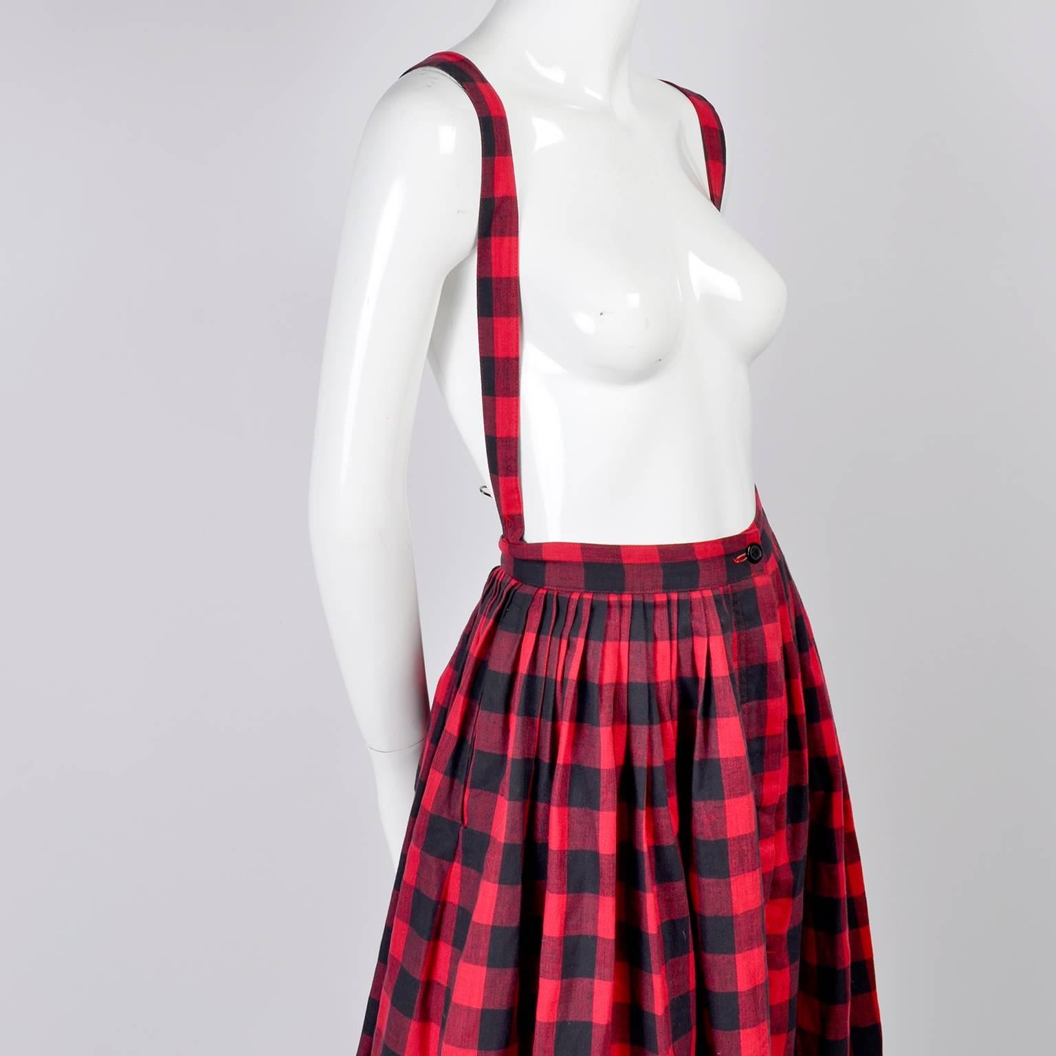 1980s Norma Kamali Vintage Black and Red Plaid Vintage Skirt Jumper w ...