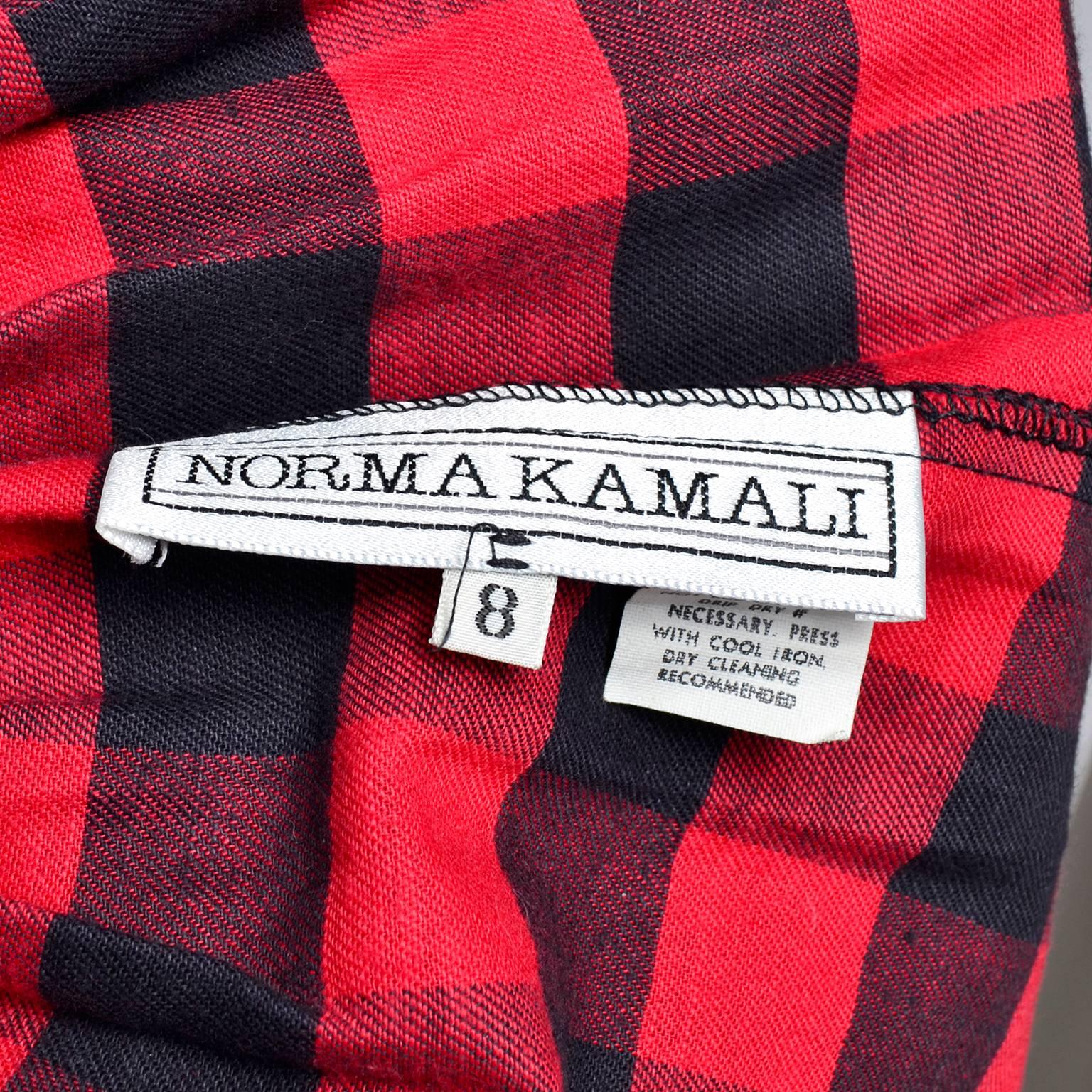1980s Norma Kamali Vintage Black & Red Plaid Vintage Skirt Jumper w Suspenders For Sale 2
