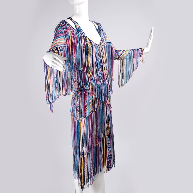 Rainbow Tiered Fringe Slip Dress with Matching Fringe Jacket or Sweater