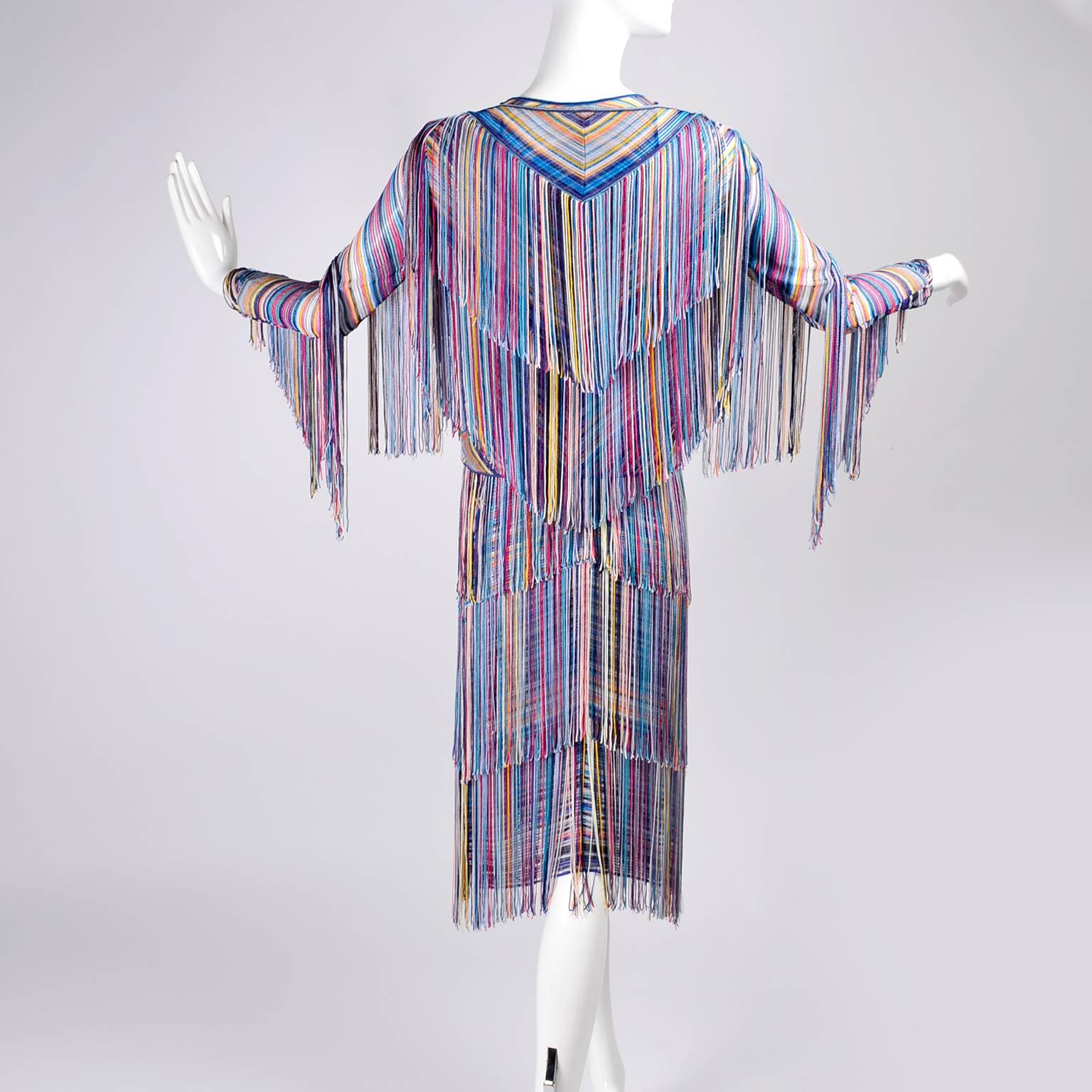 Rainbow Tiered Fringe Slip Dress with Matching Fringe Jacket or Sweater 2/4 In Excellent Condition In Portland, OR