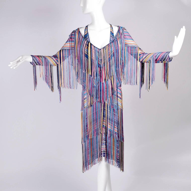 Rainbow Tiered Fringe Slip Dress with Matching Fringe Jacket or Sweater
